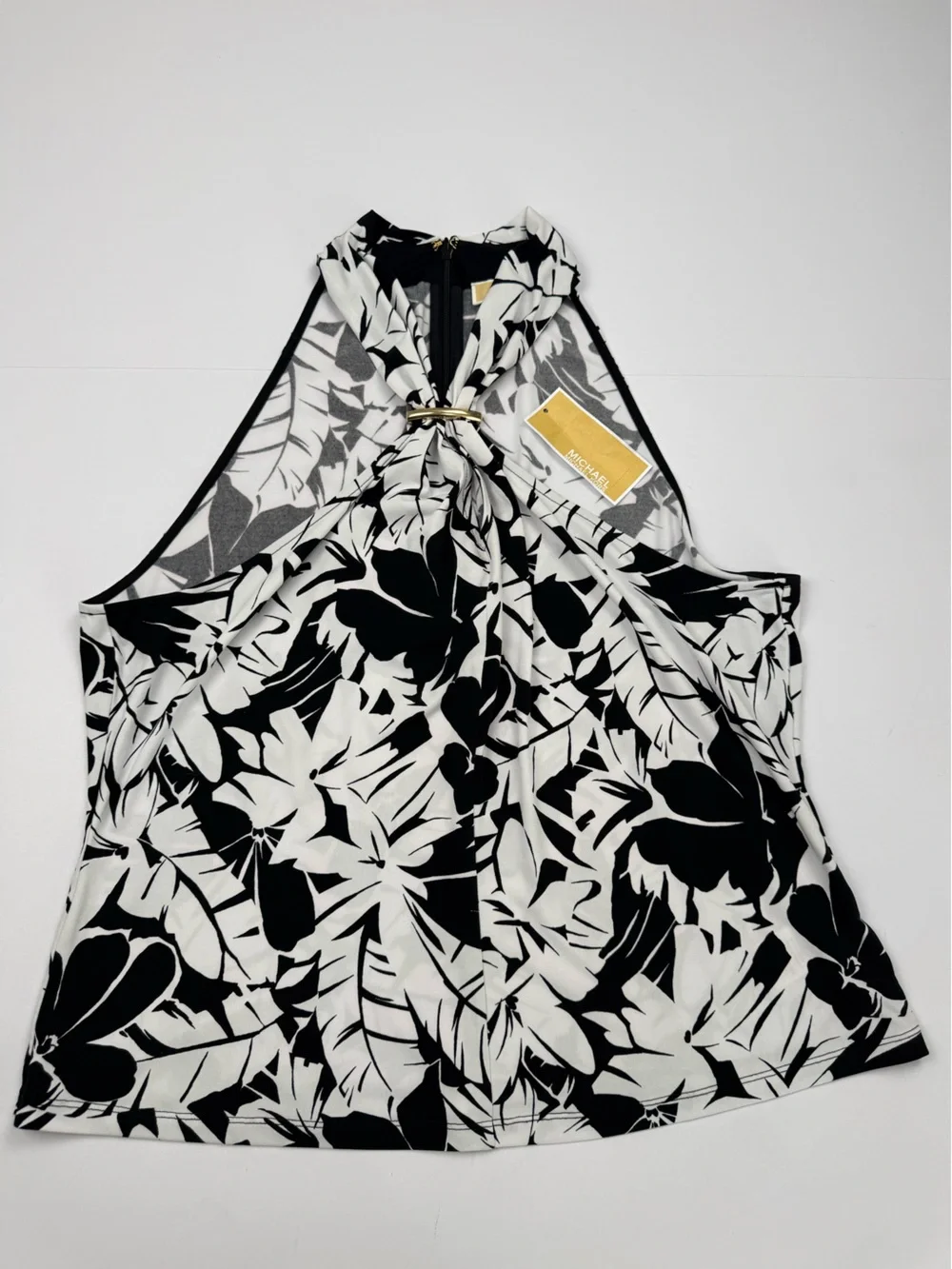 Michael Kors Black White Floral Halter Blouse Gold Hardware XL Tropical Tank Top